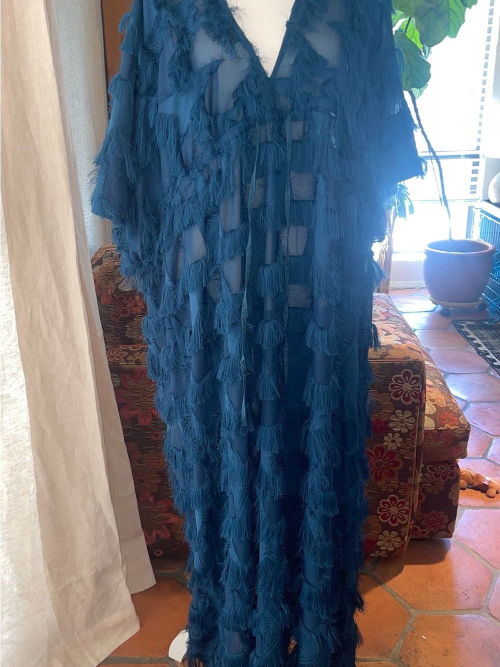 Anthropologie Teal Celestial Star Sheer Fringe V-Neck Festival Kaftan